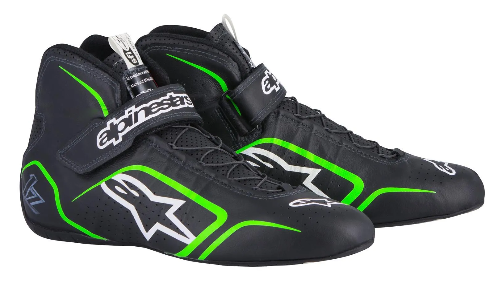ALPINESTARS TECH 1-Z SHOES BLACK/GREEN SZ 7 SFI 3.3 LVL 5/FIA KANGAROO LEATHER