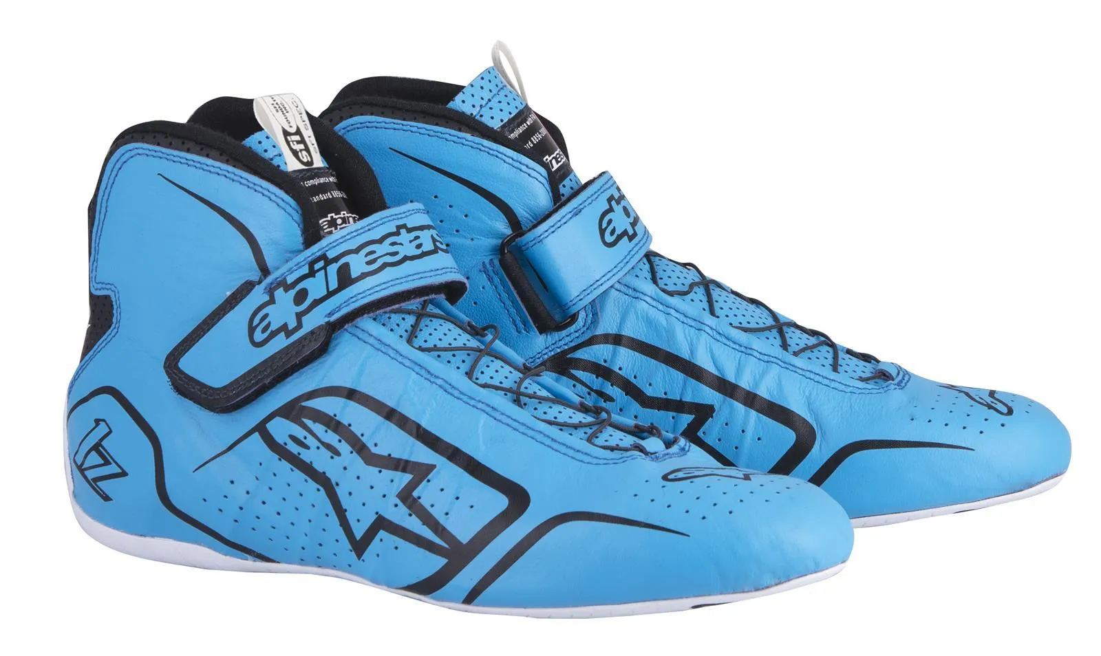 ALPINESTARS TECH 1-Z SHOES CYAN/BLK SZ 8 SFI 3.3 LVL 5/FIA KANGAROO LEATHER