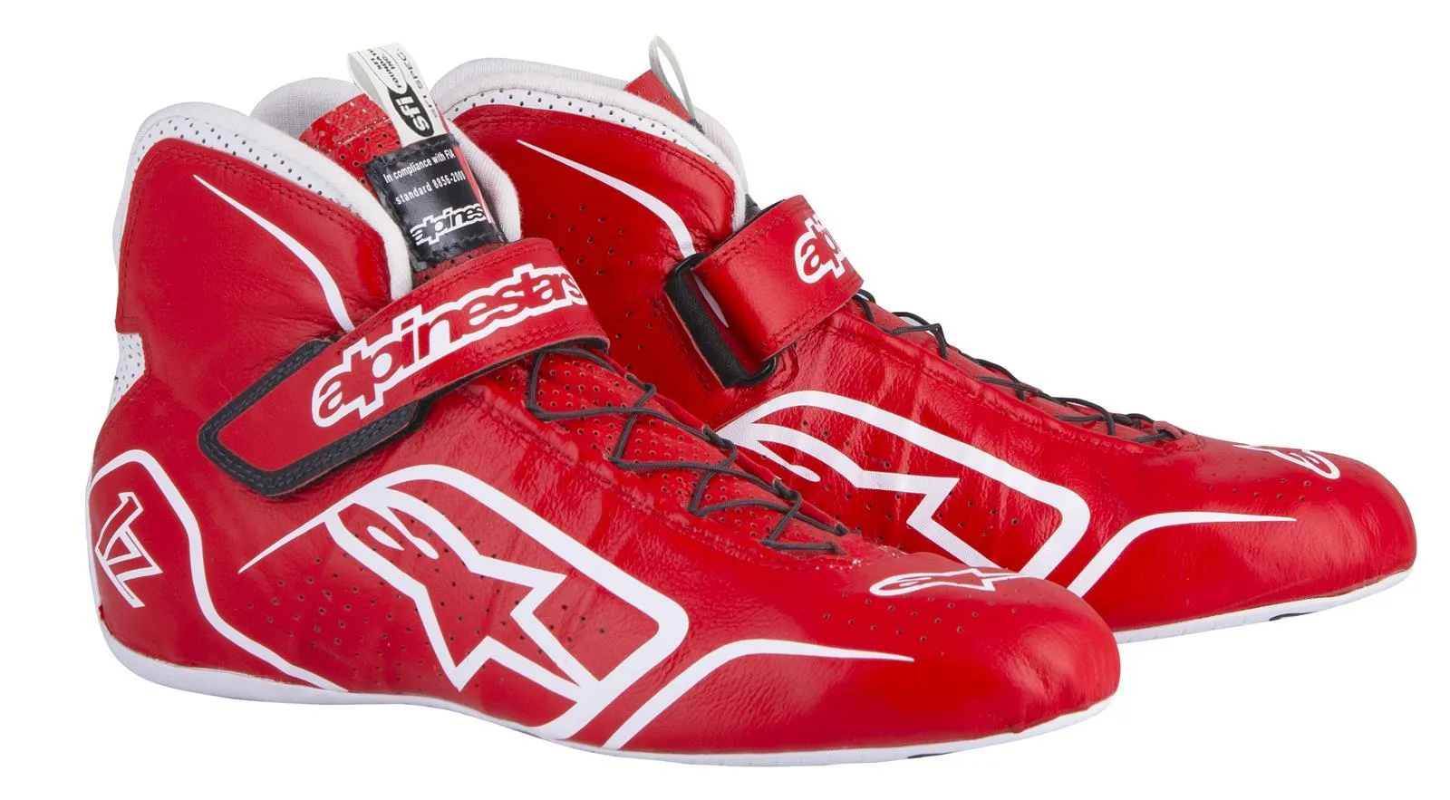 ALPINESTARS TECH 1-Z SHOES RED/WHITE SZ 8.5 SFI 3.3 LVL 5/FIA KANGAROO LEATHER