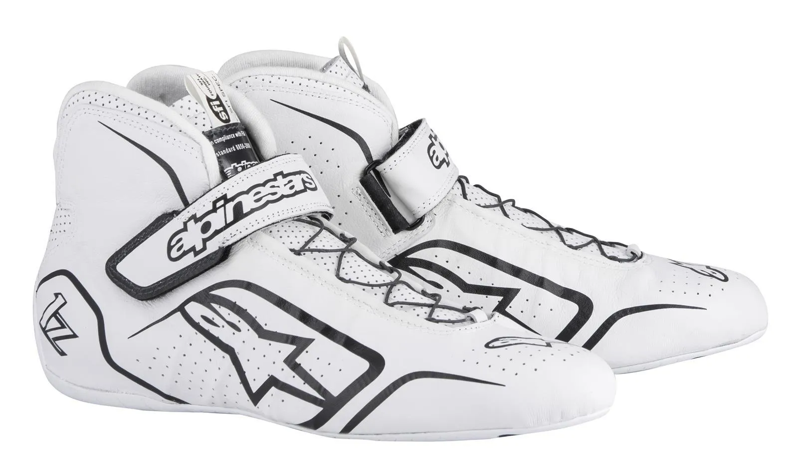 ALPINESTARS TECH 1-Z SHOES WHITE/BLACK SZ 9 SFI 3.3 LVL 5/FIA KANGAROO LEATHER