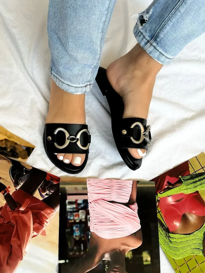 Black Leather Beach Slide Sandals