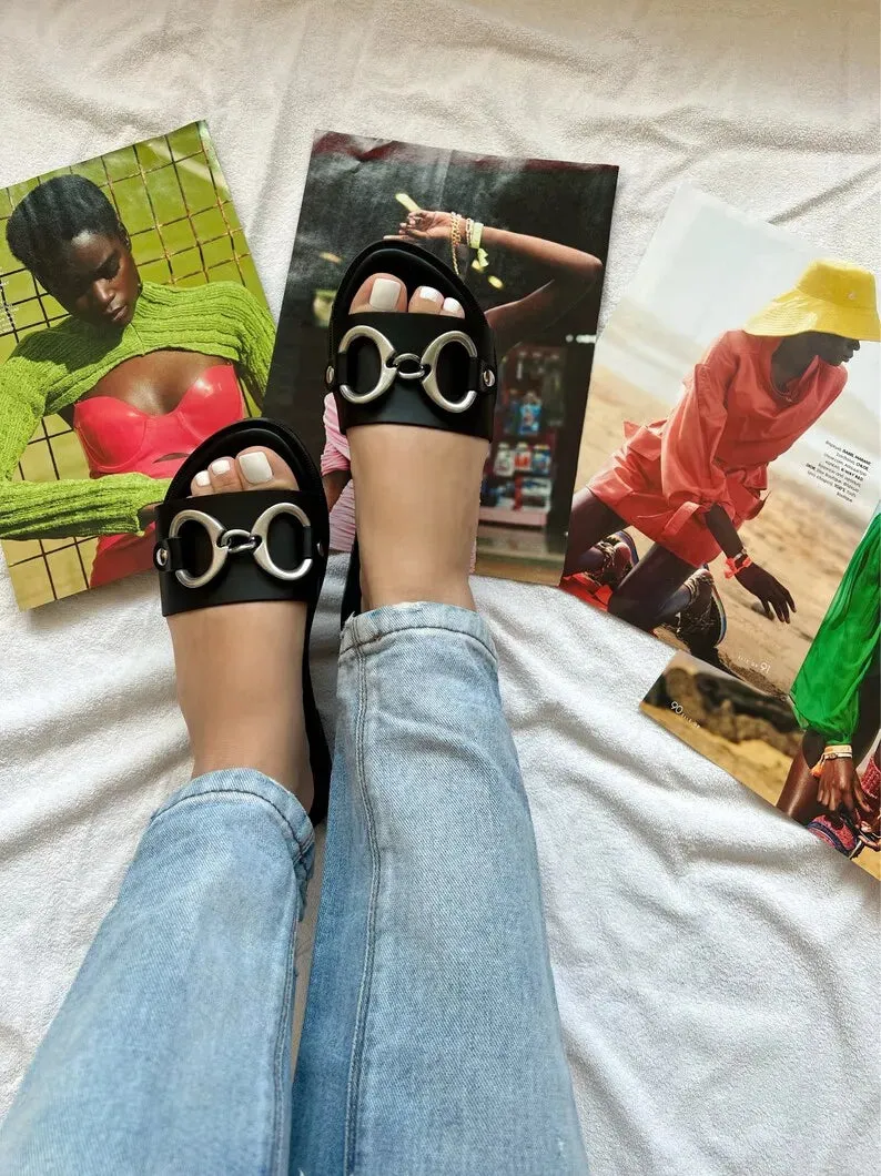 Black Leather Beach Slide Sandals