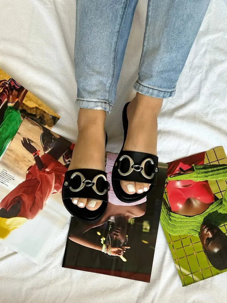 Black Leather Beach Slide Sandals