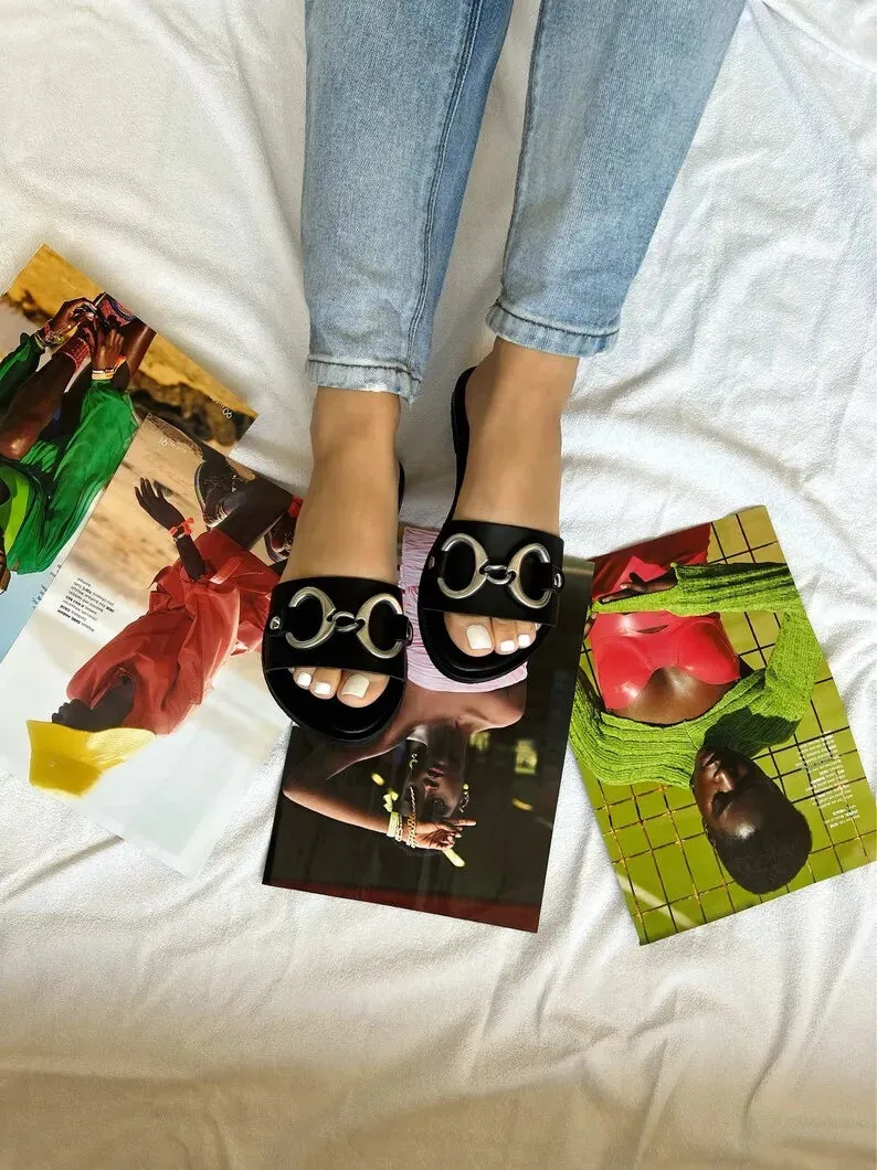 Black Leather Beach Slide Sandals