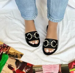 Black Leather Beach Slide Sandals