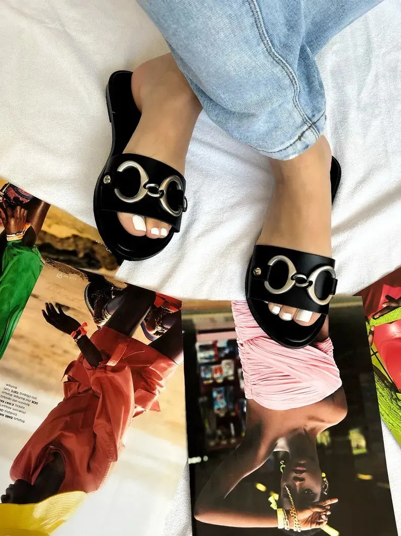Black Leather Beach Slide Sandals