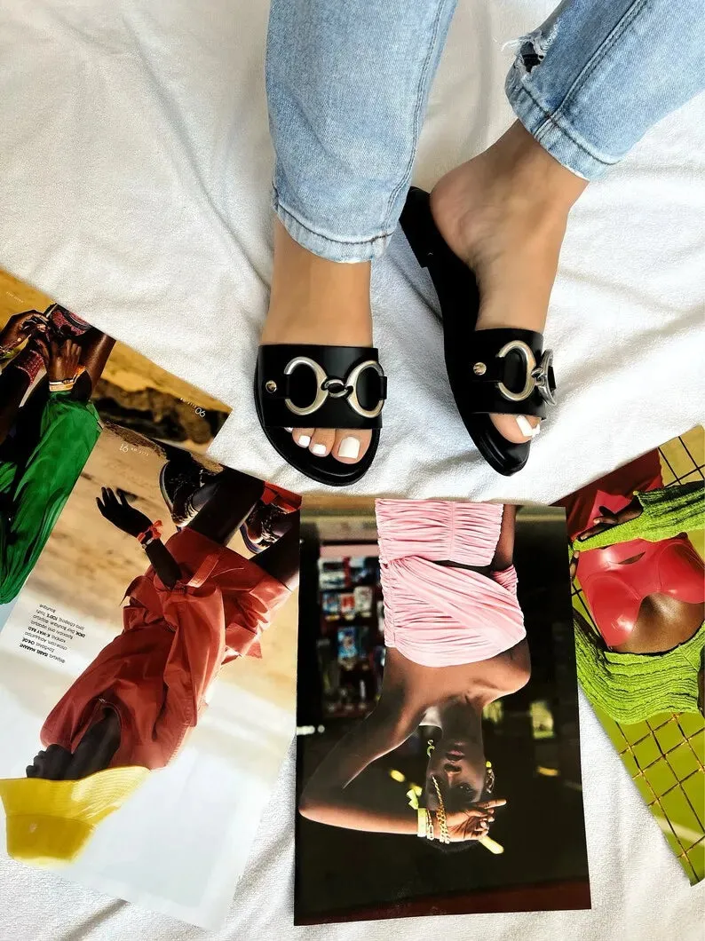 Black Leather Beach Slide Sandals