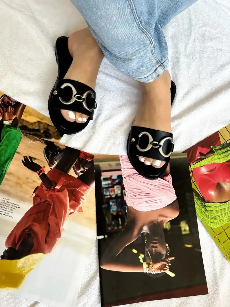 Black Leather Beach Slide Sandals