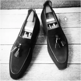 Handmade Men Black Suede Moccasin, Dress Tassel Shoes, Slip Ons Loafer Men