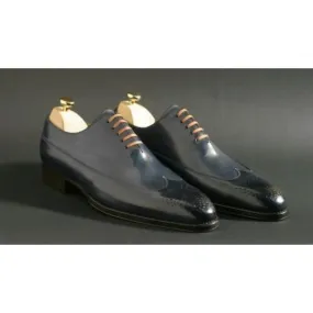 Handmade Men Navy Blue Leather Lace Formal Shoes