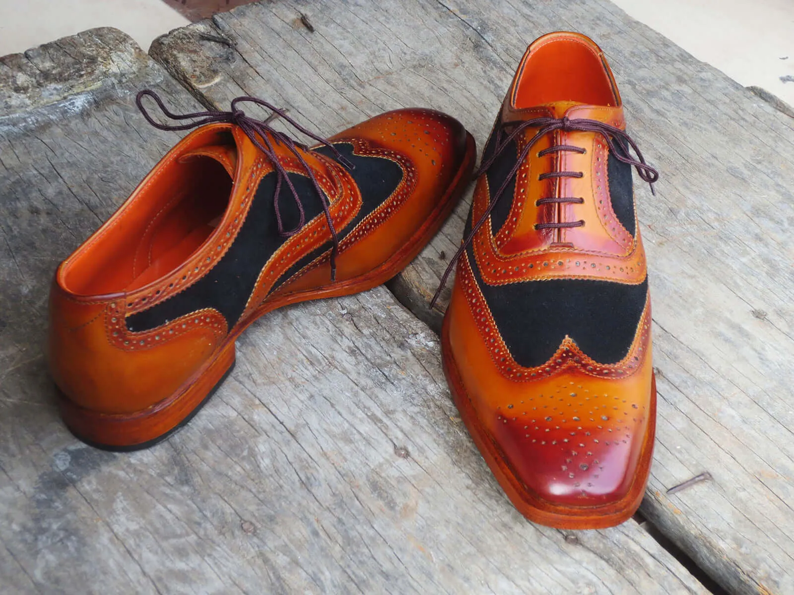 Handmade Men's Tan Black Suede Leather Shoes, Men Lace up Wing Tip Brogue Shoes