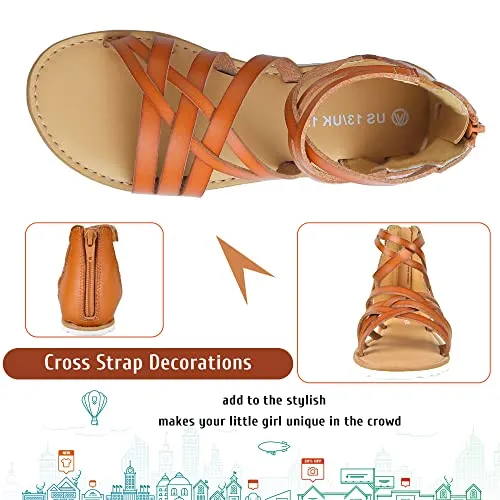 Harebell Gladiator Sandals for Girls Cross Strappy Gladiator Sandals with High Back Zipper Girls Summer Dress Sandals Brown 5