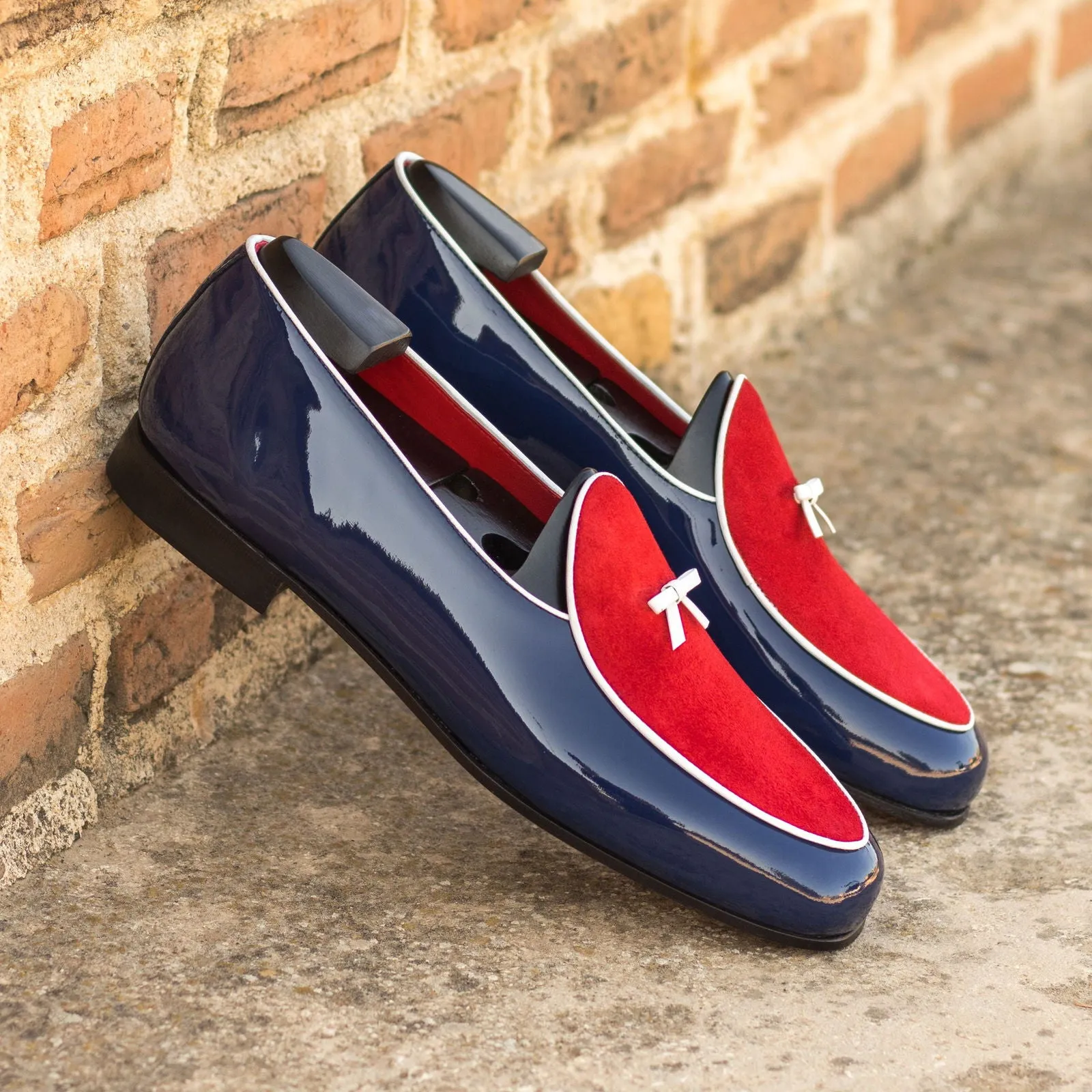 Men's Belgian Leather Slippers Wide Plus Size Red White 4892