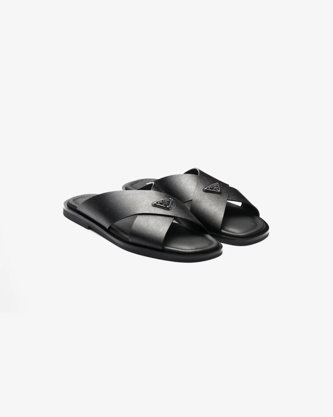 Prada Men's Black Crisscross Logo-Triangle Leather Sandals