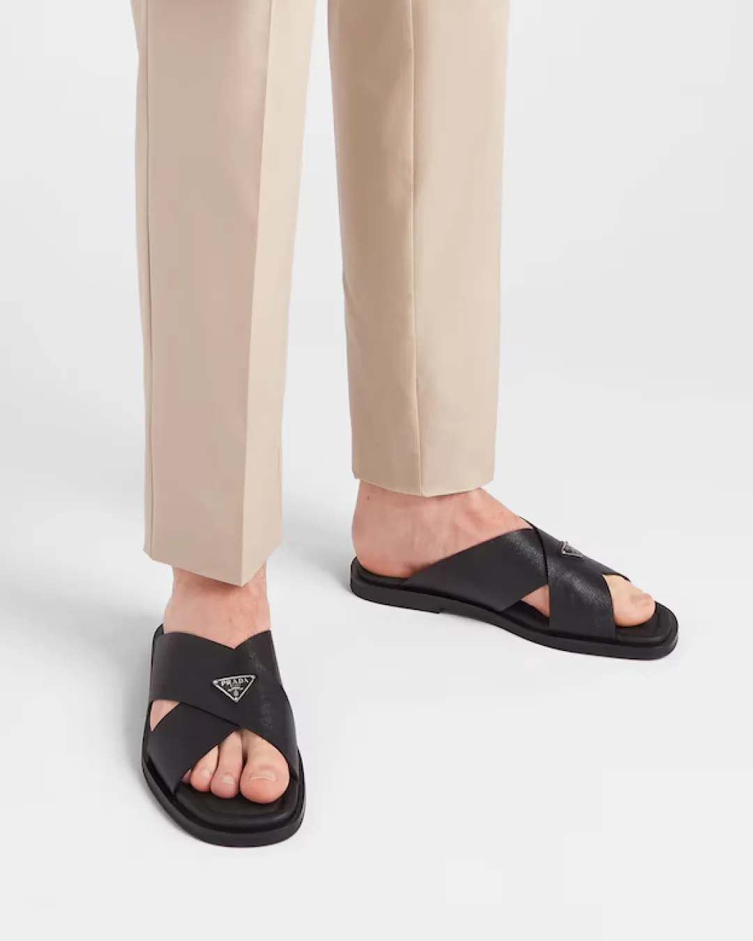 Prada Men's Black Crisscross Logo-Triangle Leather Sandals